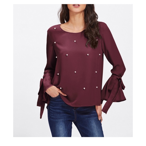 Burgundy Red Bow Sleeve Pearl Embellished Blouse - Picture 5 of 8